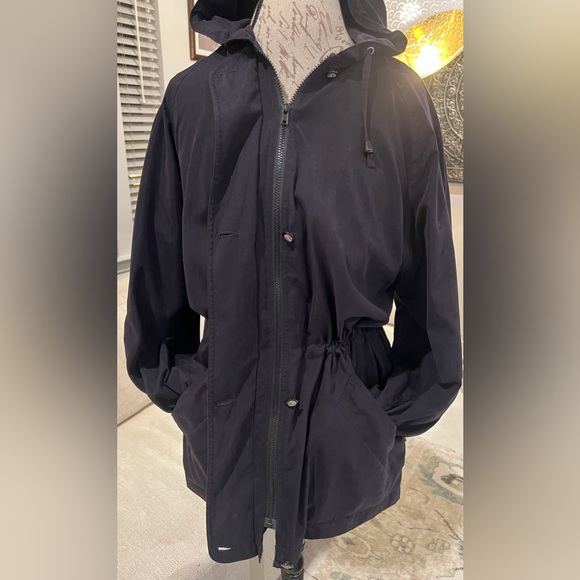 Vintage Utility Jacket Made in Egypt Black Hooded Pockets Cinched Waist Large - Picture 4 of 16